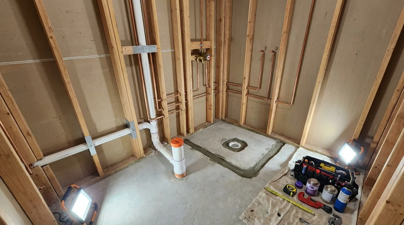 Bathroom rough-in plumbing during remodel by Johns Plumbing LLC in Purcellville