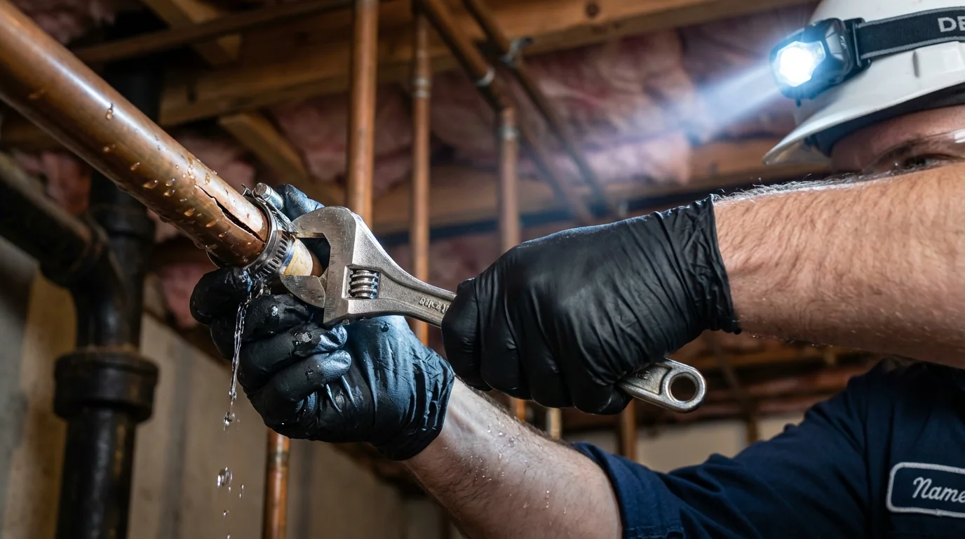 Emergency pipe clamp repair being performed by a Johns Plumbing LLC plumber in Purcellville