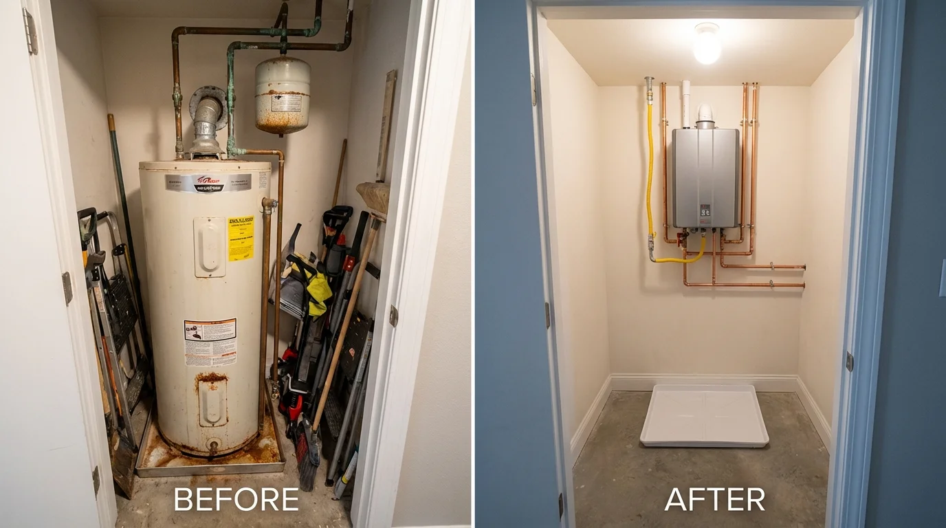 Tank water heater versus wall-mounted tankless unit comparison for Purcellville, VA homeowners